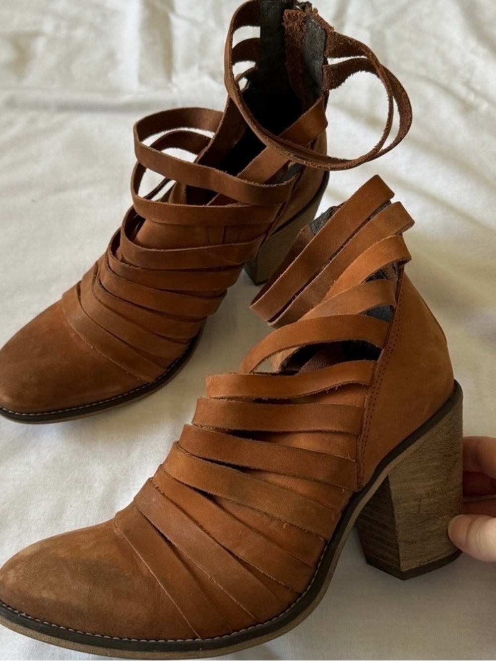 Free People Cognac Strappy Block Heel Ankle Boots